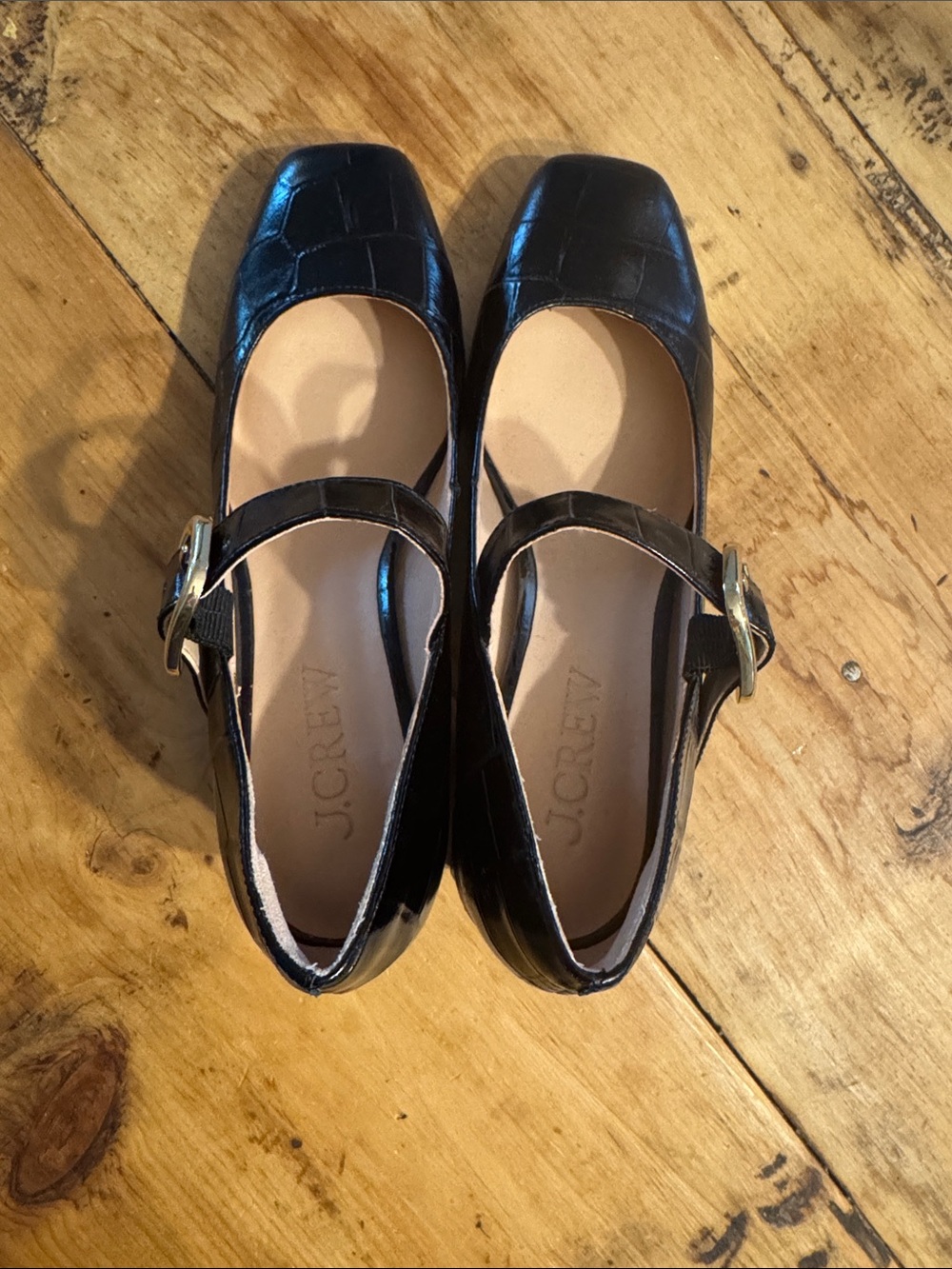 J.Crew Black Croc Embossed Leather Mary Jane Block Heel Pumps Size 7 - Picture 6 of 9